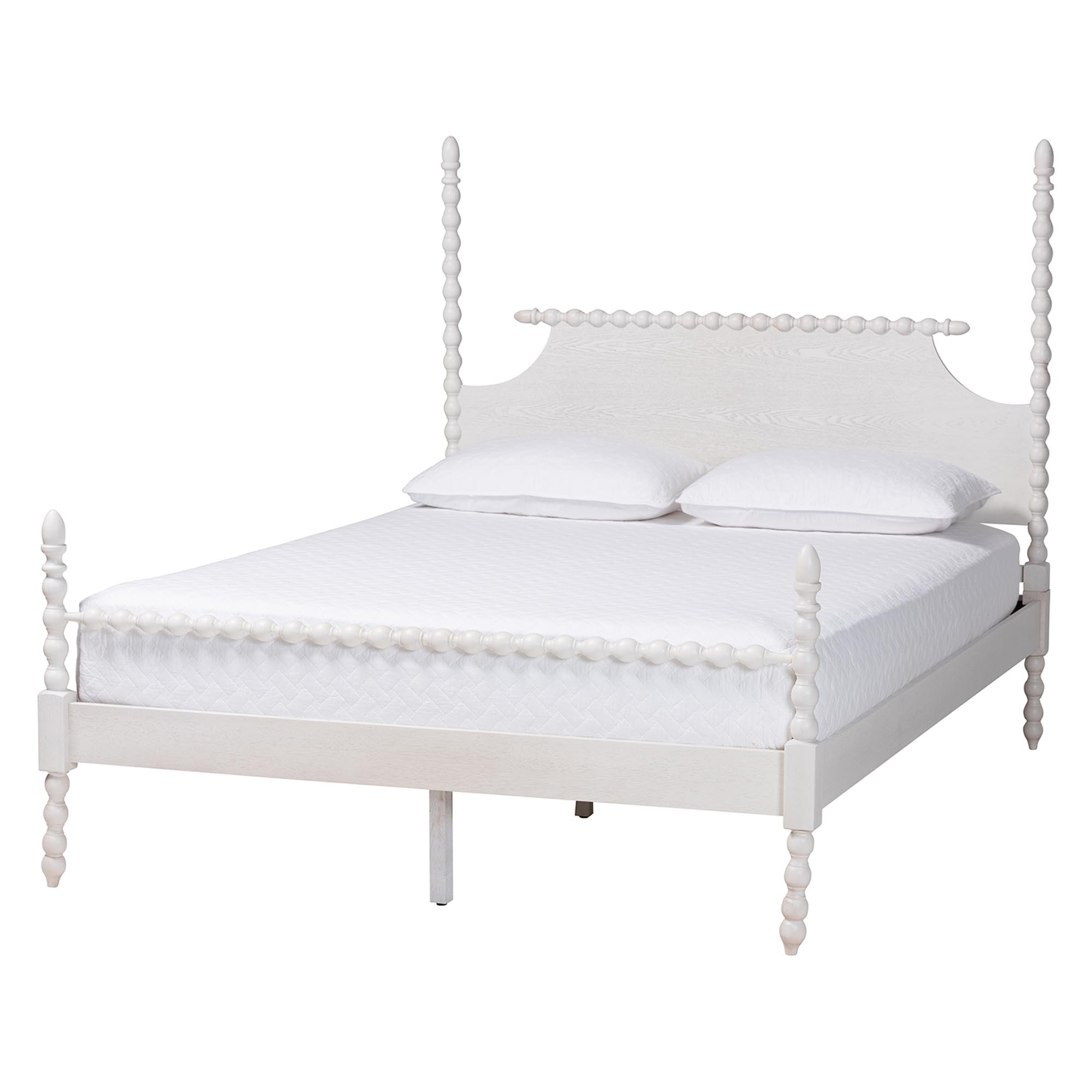 Baxton Studio Caliana Bobbin Four-Poster Platform Bed - Wooden Bed Frame with Turned Spindle Posts and Panel Headboard, Vintage-Inspired Bedroom Furniture, White, King Affordable modern furniture in Chicago, classic bedroom furniture, modern king size, cheap king size